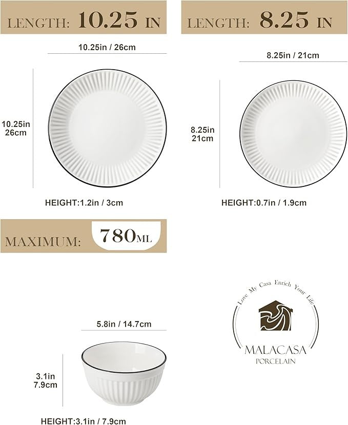 18 Piece White Dinner Set for 6 Embossed Porcelain Plates Bowls Black Rim