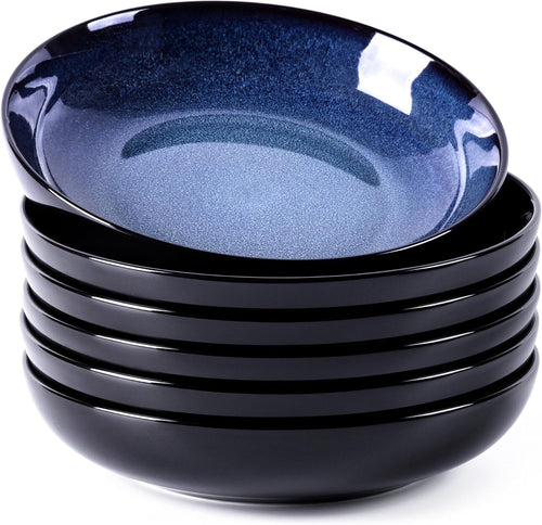 Large Pasta Bowls Set of 6 22cm Deep Stoneware Soup Noodle Bowls Blue