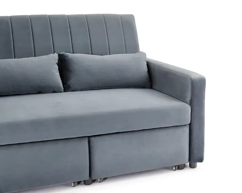 Grey Velvet 3 Seater Sofa Bed Pull-Out Chaise Storage Guest Sleeper Couch