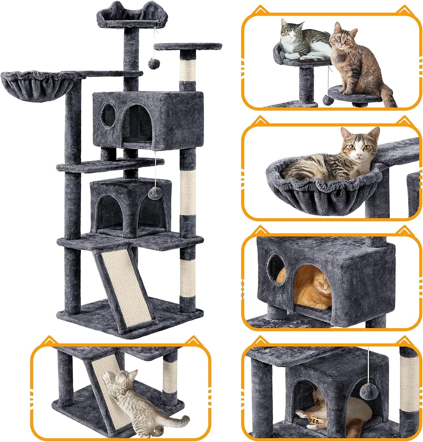 Large Cat Tree 144.5cm Multi Level Tower With Condos Scratching Posts Ramp