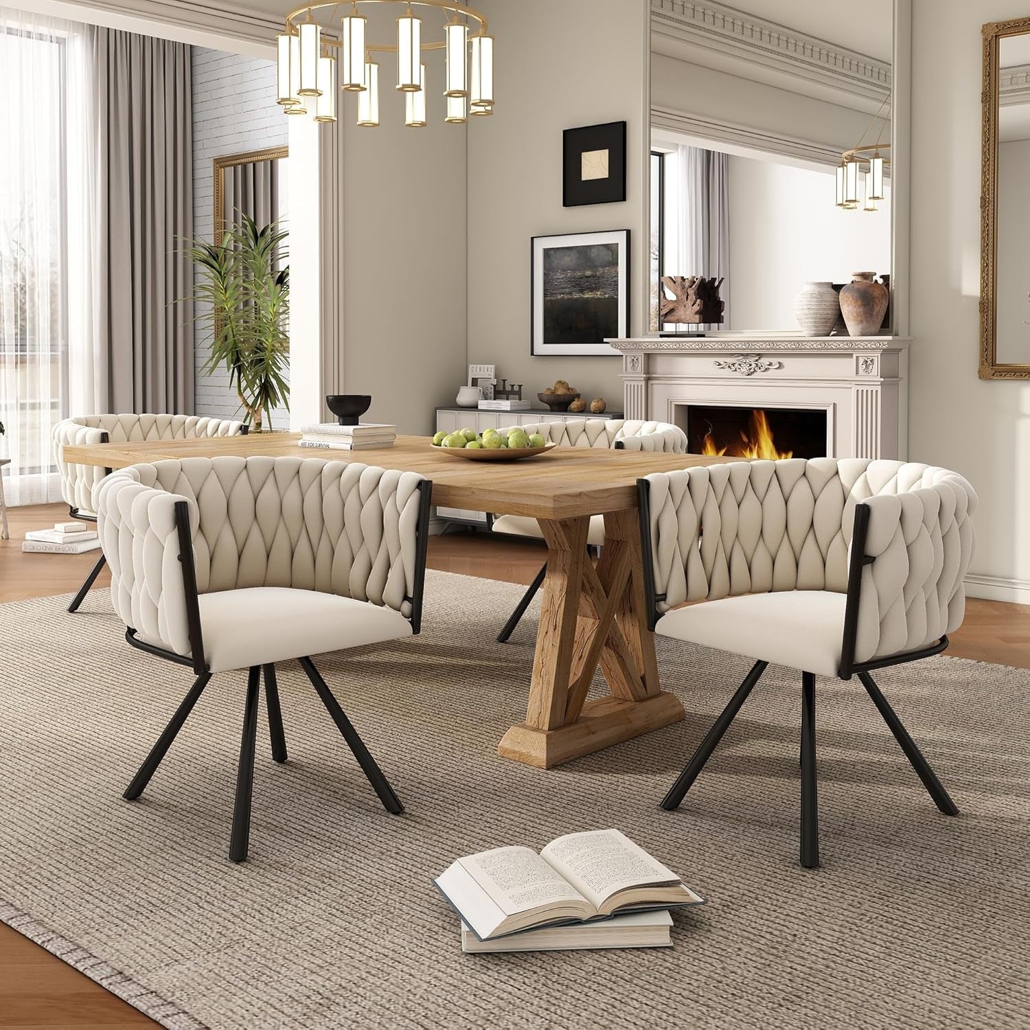 Beige Velvet Swivel Dining Chair 360° Accent Kitchen Chair