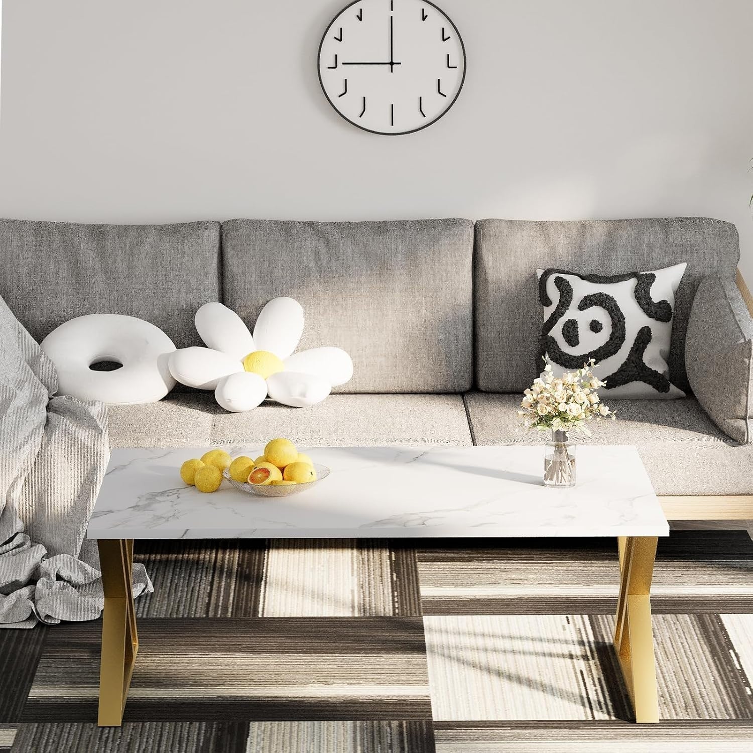 Modern White Gold Coffee Table Rectangular Living Room Table Open Storage