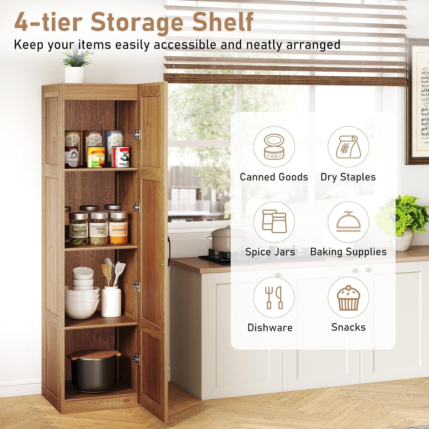 Tall Natural Wood Kitchen Cupboard 4 Tier Pantry Storage Cabinet Unit
