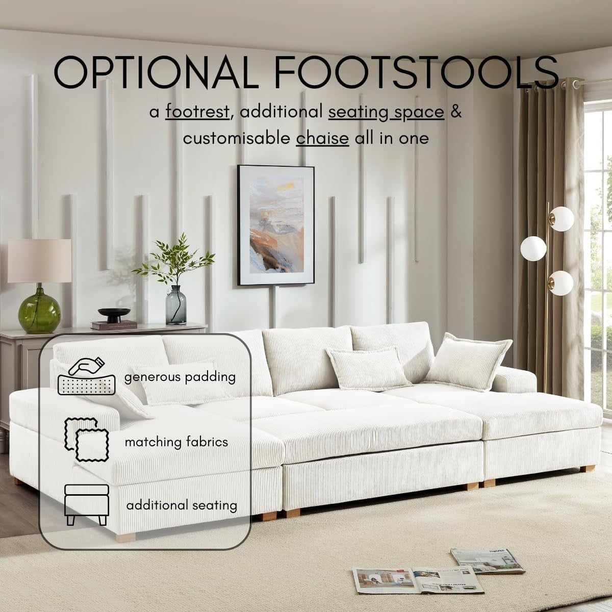 Large Cream Jumbo Cord U-Shape Sofa | Deep Seat, 5-Seater + Footstool