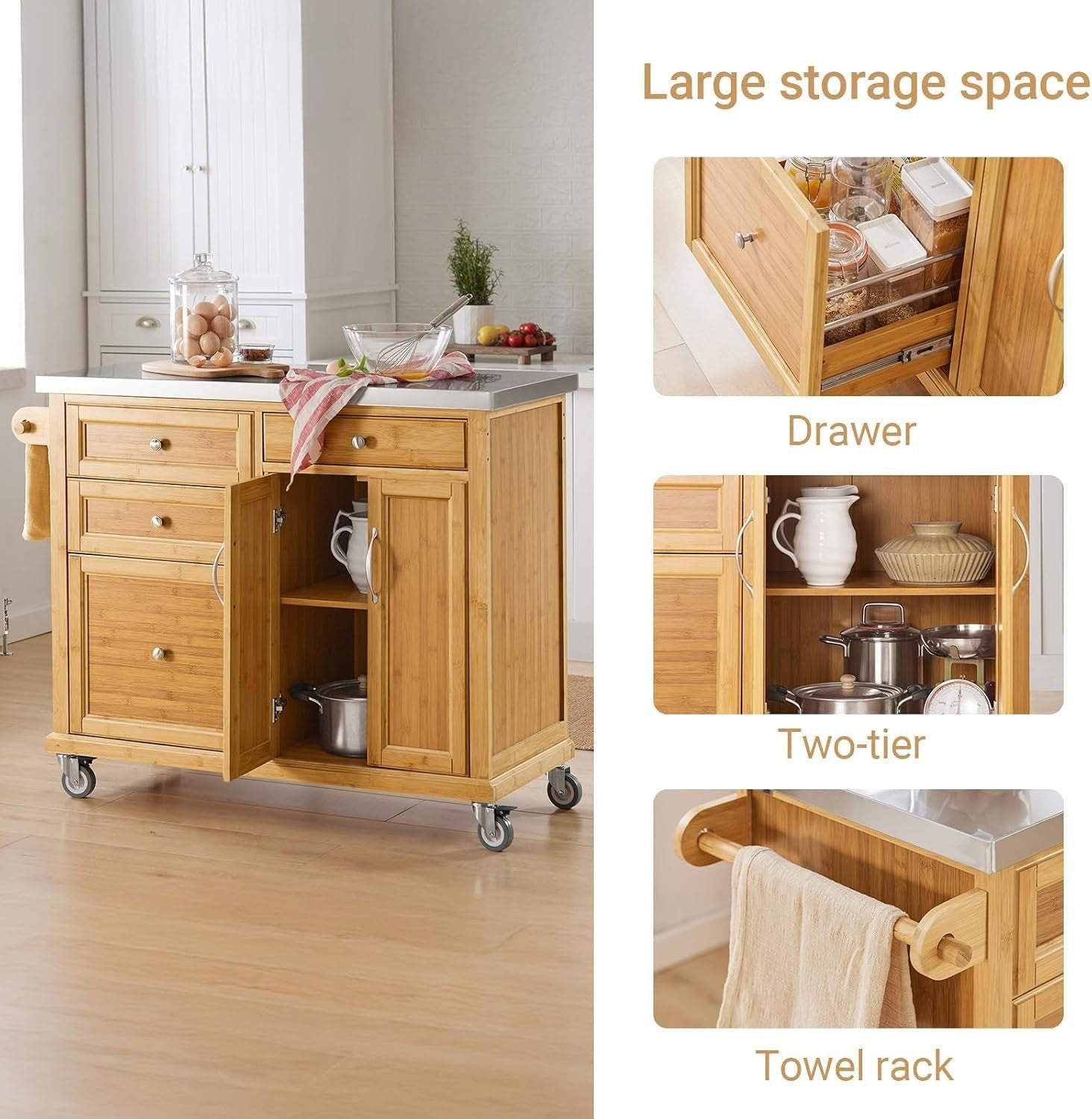 Kitchen Island Trolley w Stainless Steel Top 4 Drawers