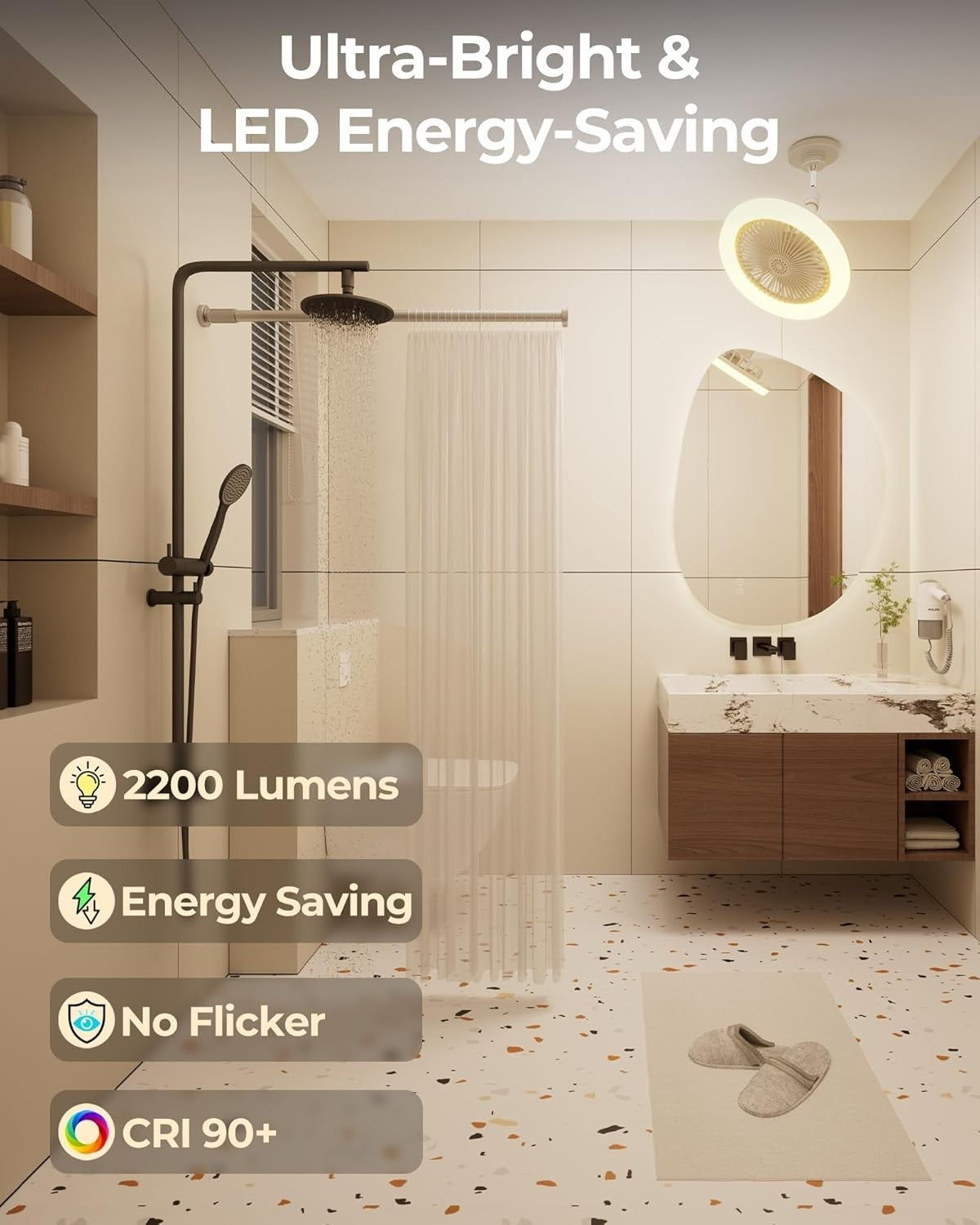 30W LED Ceiling Fan Light, Quiet, Timer, Adjustable Tilt, E27 Socket