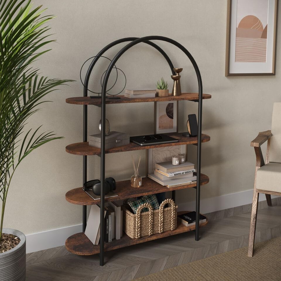 4-Tier Arched Bookcase Industrial Shelving Unit Rustic Wood & Metal Storage