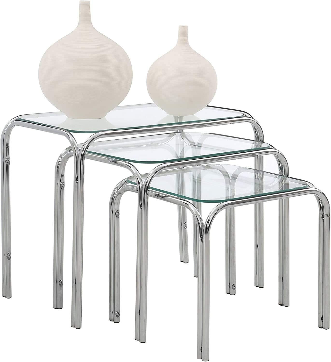 3pc Nesting Side Tables Clear Tempered Glass Chrome Legs Modern Contemporary Set