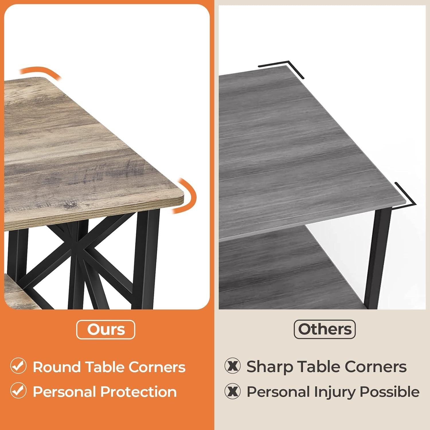 2-Tier Grey Coffee Table with X-Frame, Rounded Corners, 100cm Storage