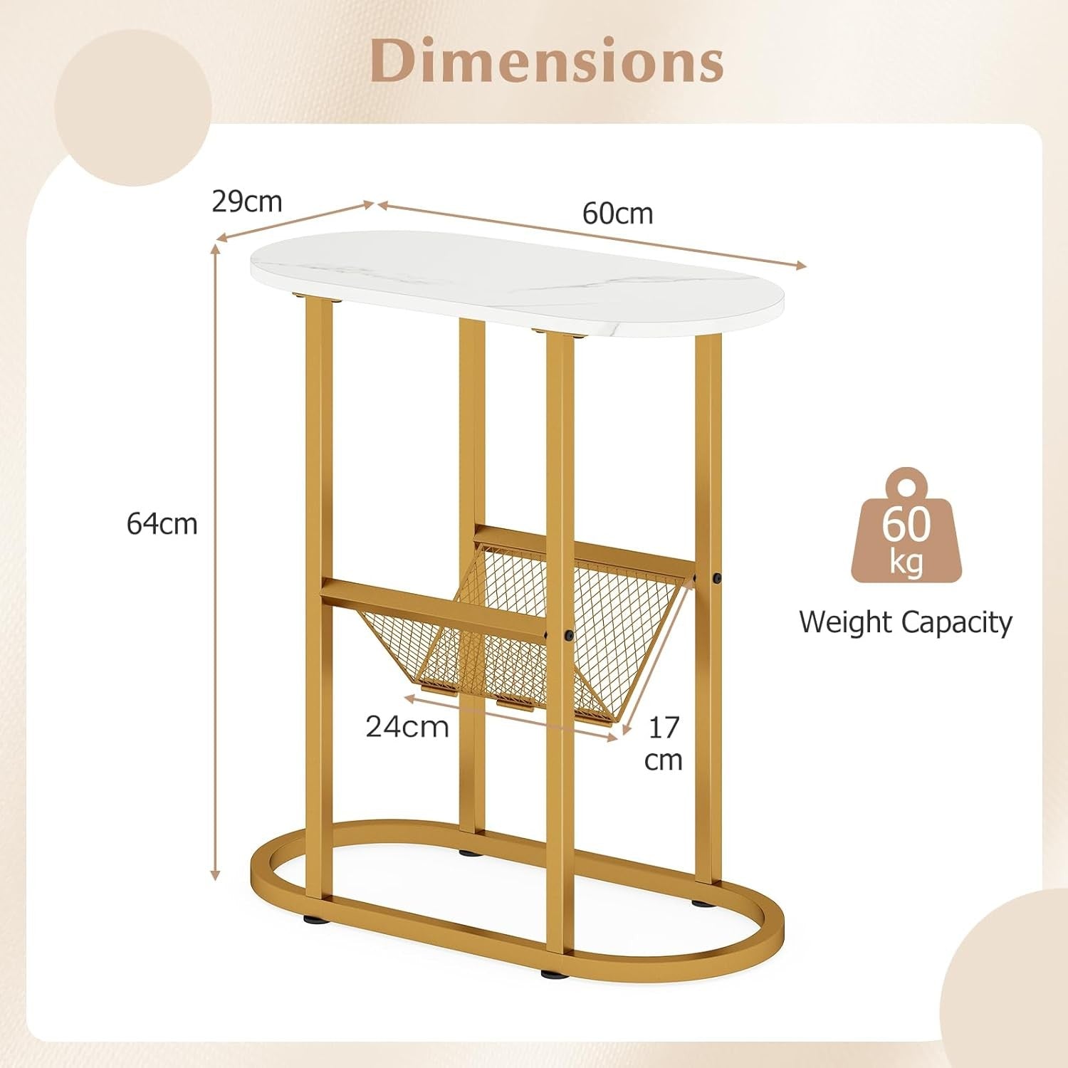 Slim Marble Oval Side Table with Shelf & Magazine Holder for Sofa & Bed
