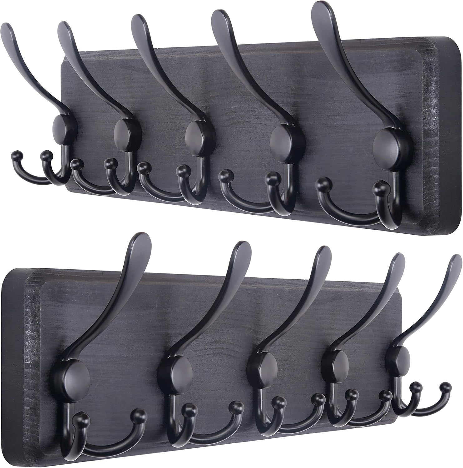 Set of 2 Black Wooden Wall Coat Racks | Heavy Duty 5 Triple Hooks Rustic Organiz
