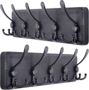 Set of 2 Black Wooden Wall Coat Racks | Heavy Duty 5 Triple Hooks Rustic Organiz