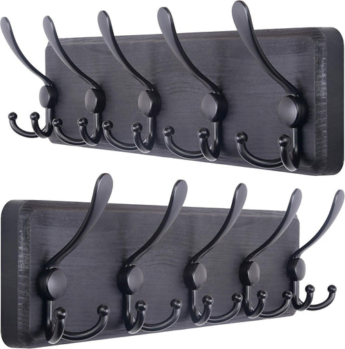 Set of 2 Black Wooden Wall Coat Racks | Heavy Duty 5 Triple Hooks Rustic Organiz