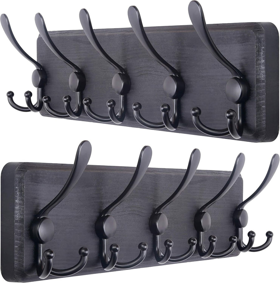 Set of 2 Black Wooden Wall Coat Racks | Heavy Duty 5 Triple Hooks Rustic Organiz