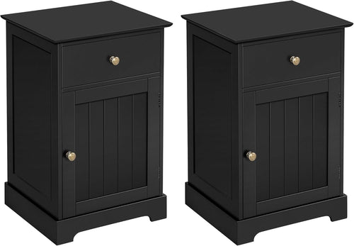Black Wooden Bedside Tables Set of 2 with Drawer & Cupboard – Modern Nightstands