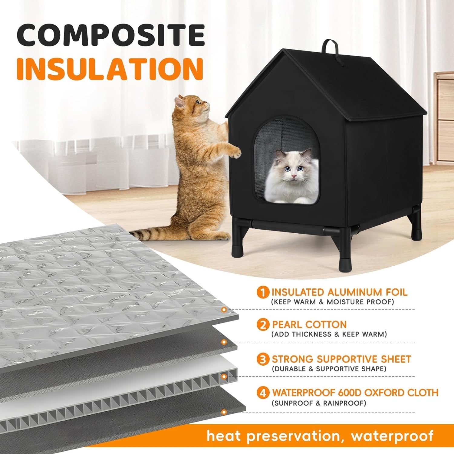 Outdoor & Indoor Insulated Cat House Waterproof Shelter with Soft Pad Black