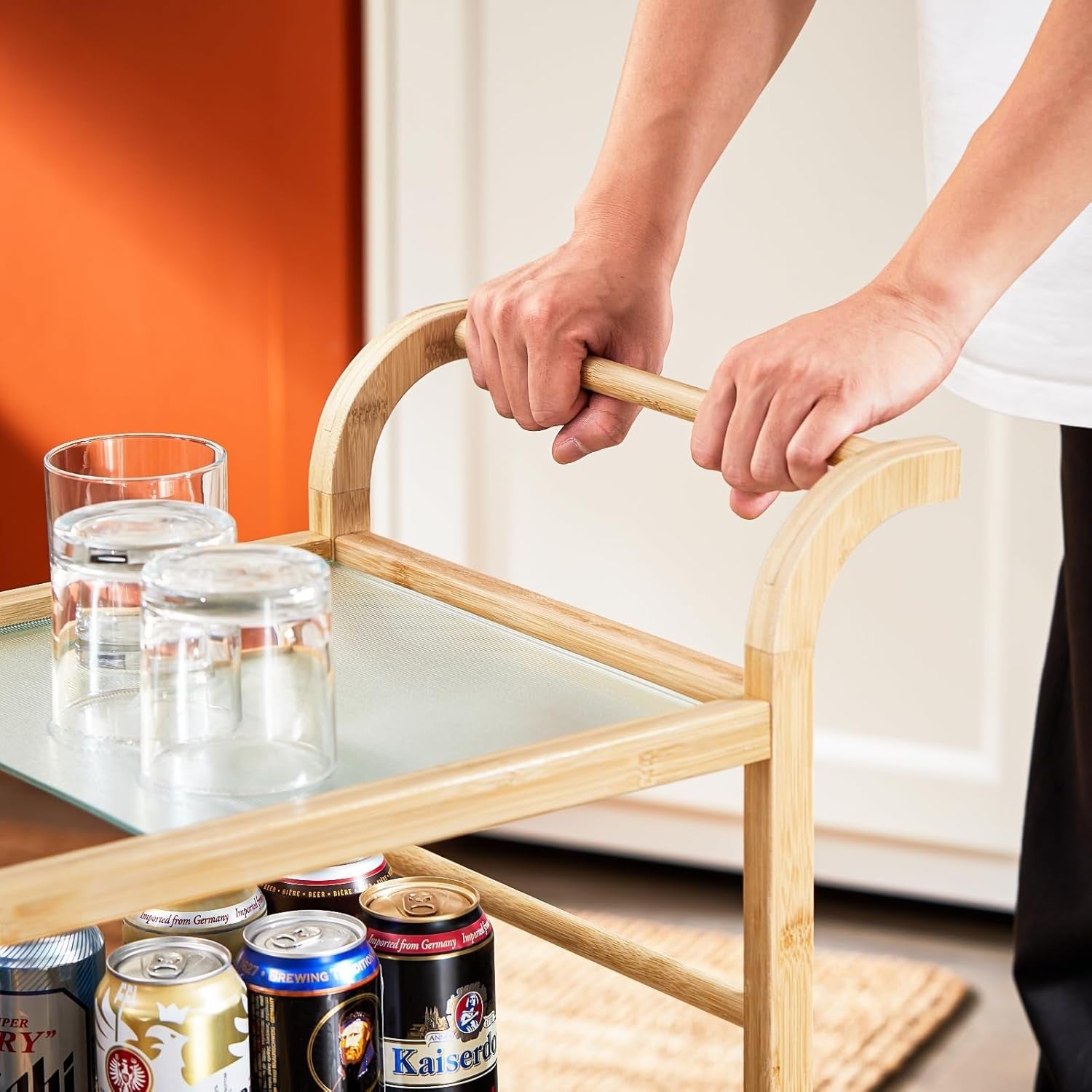 3 Tier Kitchen Trolley Cart Bamboo Storage Shelves Glass Top Wheels