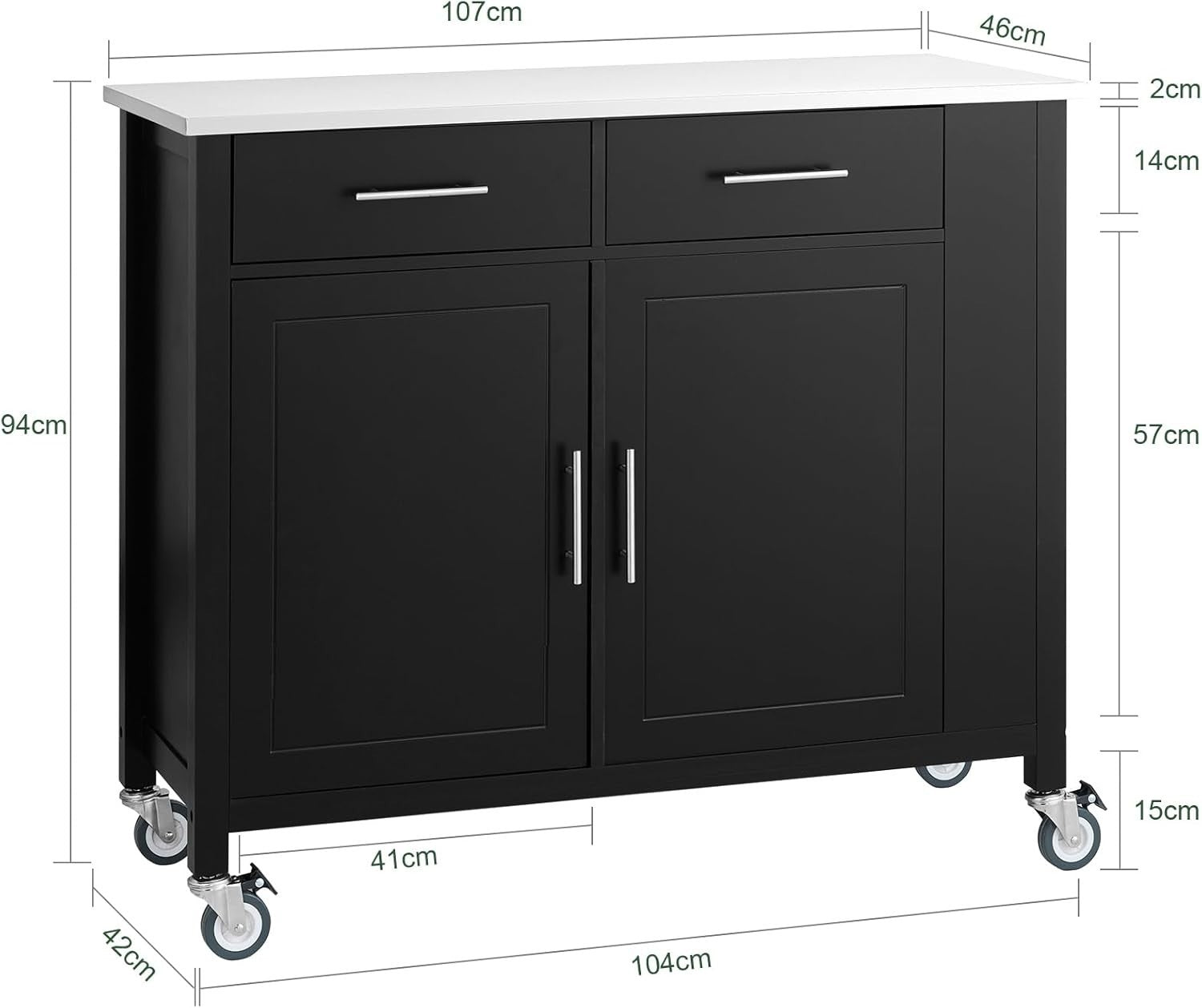 Black Kitchen Island Trolley Cart with Drawers & Steel Top 107x46x94cm