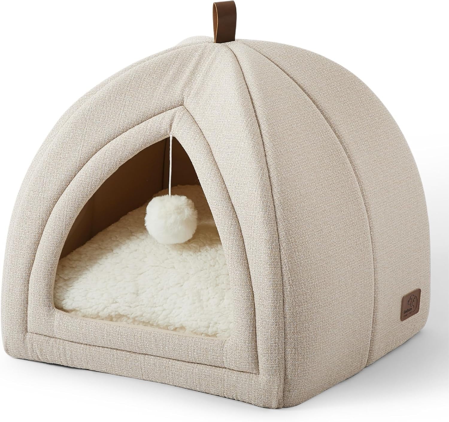 Large Cat Cave Bed 44cm Igloo Tent Washable Cushion Beige