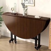 Round Folding Kitchen Table 100cm Brown Drop Leaf with 6 Wheels Space-Saving