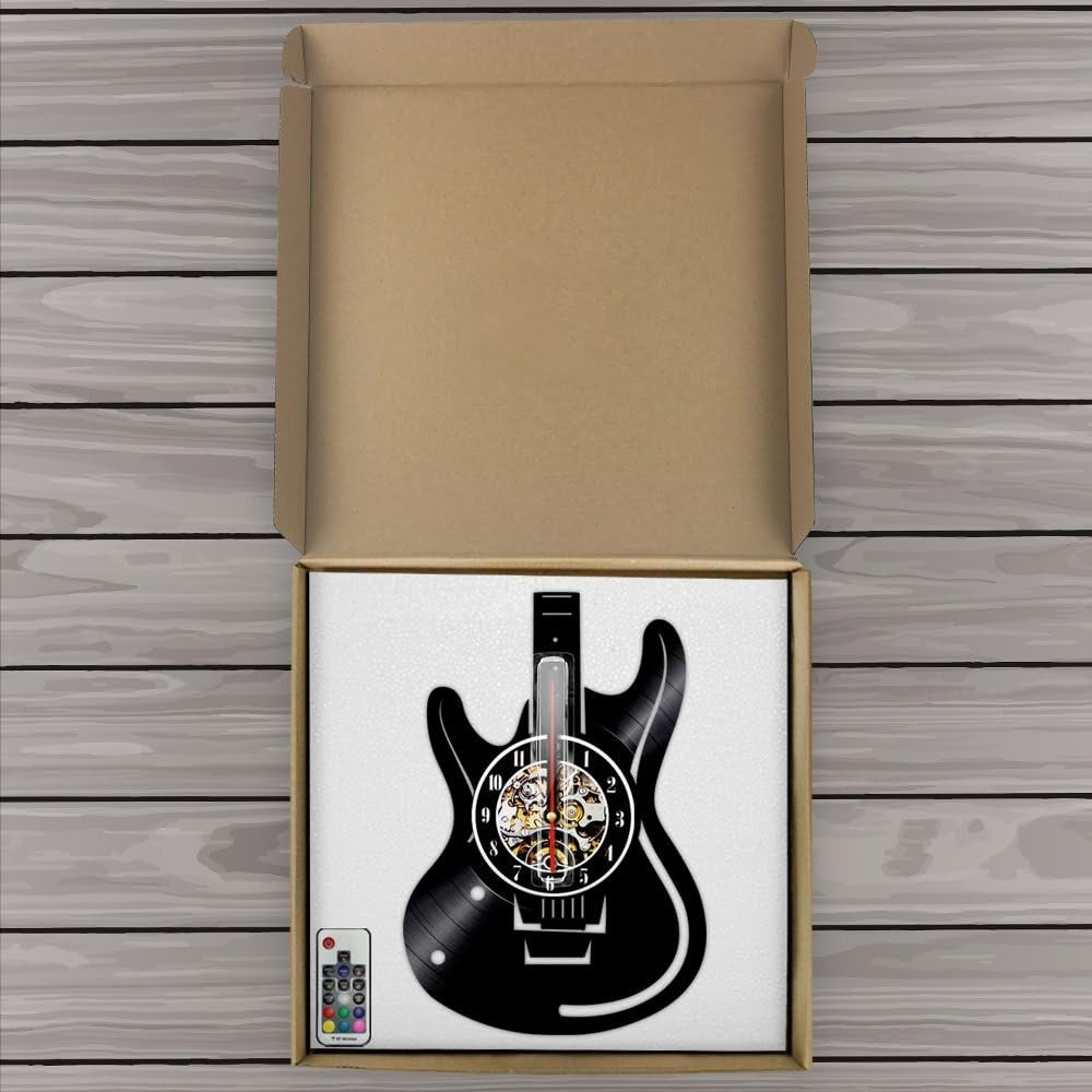 Guitar Vinyl Wall Clock with LED Light – 12" Music Note Decor for Bedroom & Stud