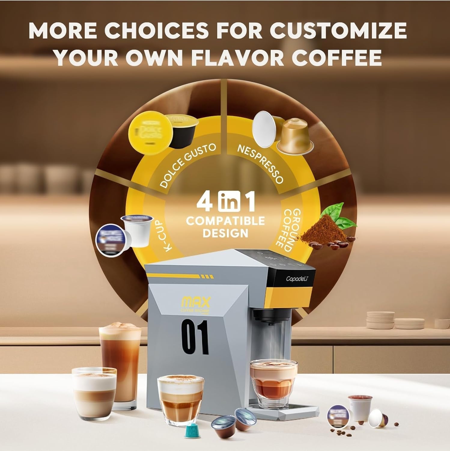 4in1 Pod Coffee Machine 19Bar Single Serve Multi Capsule Fast Brew Grey