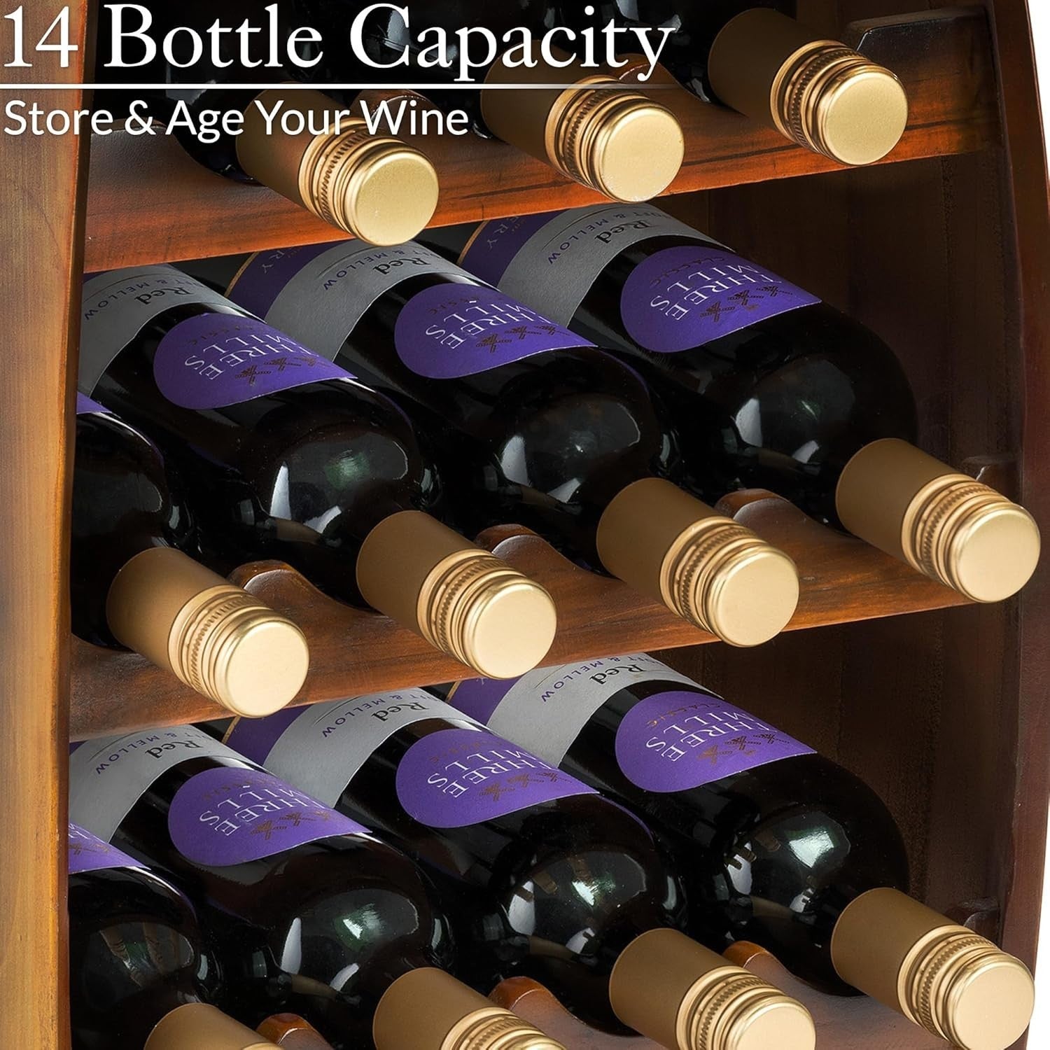 Oak Effect Barrel Wine Rack 14 Bottle Freestanding Storage Cabinet