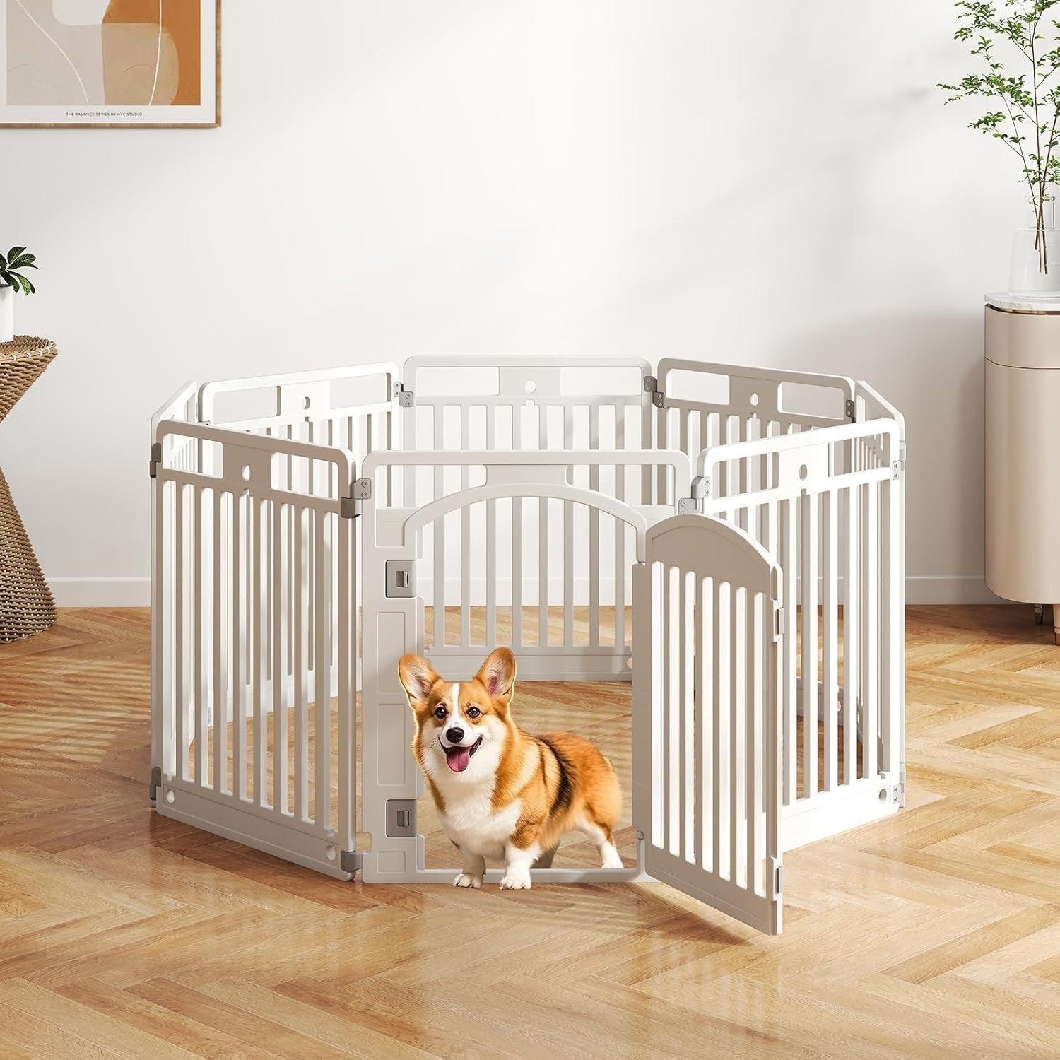 Foldable Plastic Dog Playpen with Lockable Gate Indoor Outdoor Pet Fence