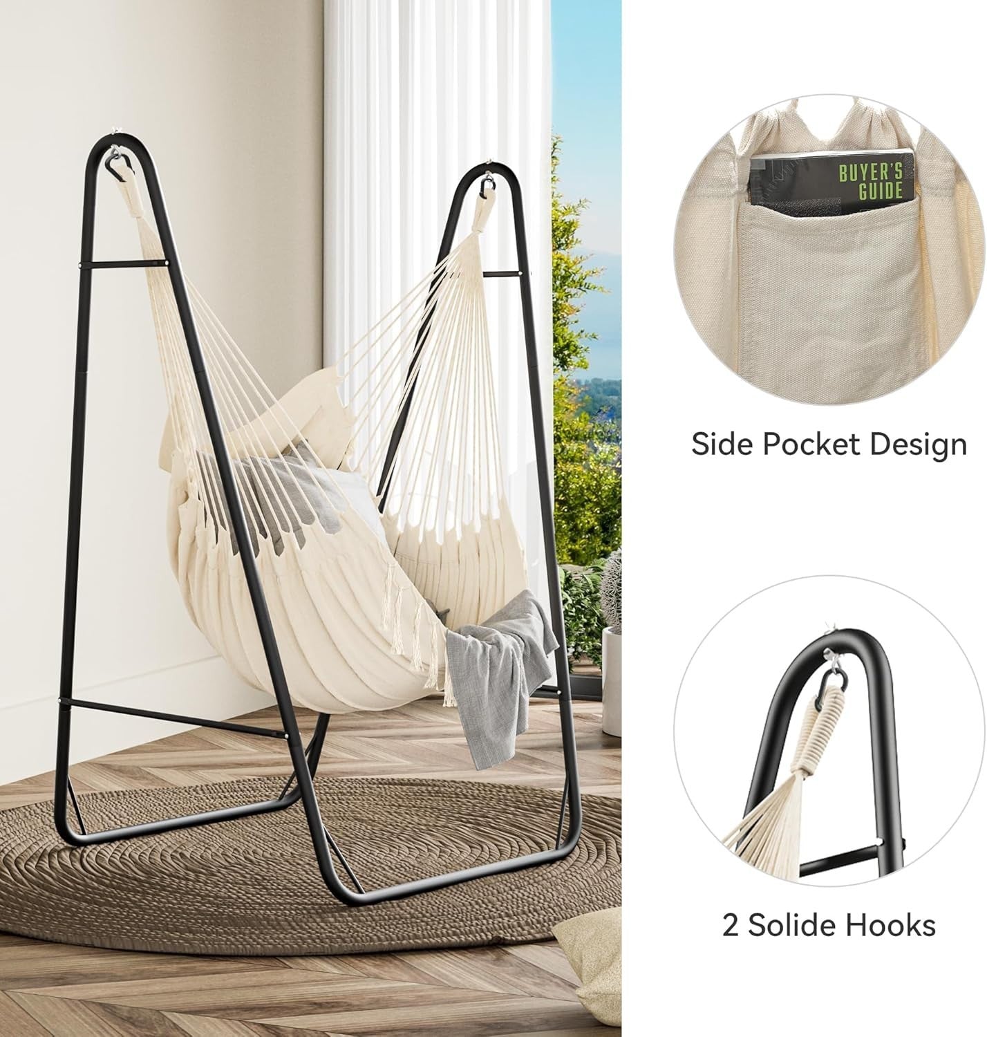 Hammock Swing Chair with Steel Frame, Side Pocket, 150kg Load, Patio