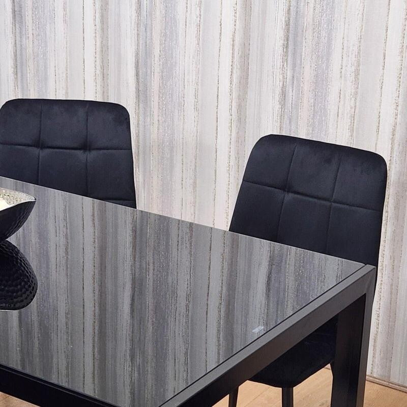 Glass Dining Table Set with 6 Velvet Chairs | Modern Black Kitchen Set