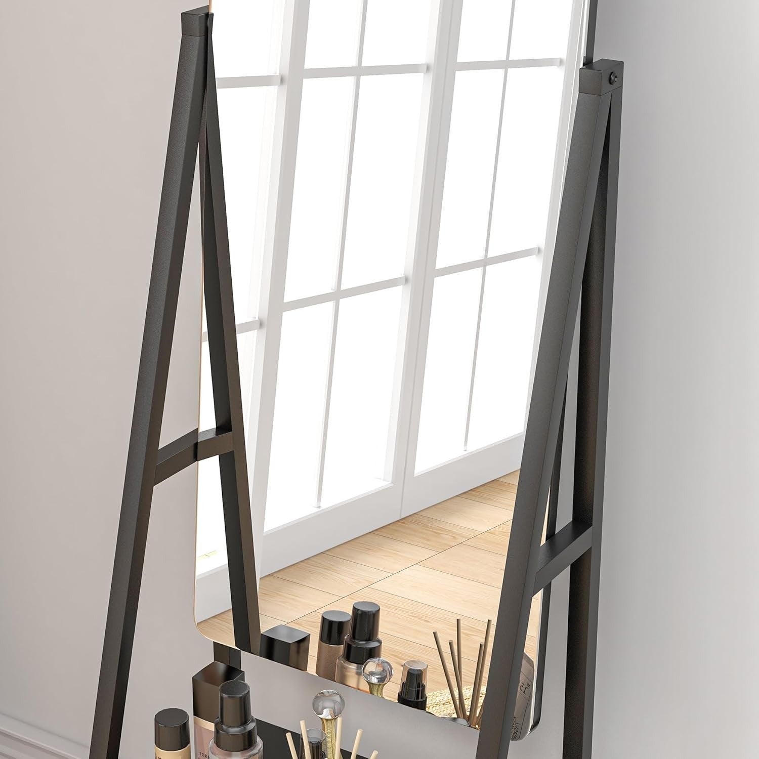 Full Length Adjustable Mirror on Wheels with Storage Shelves, 155cm