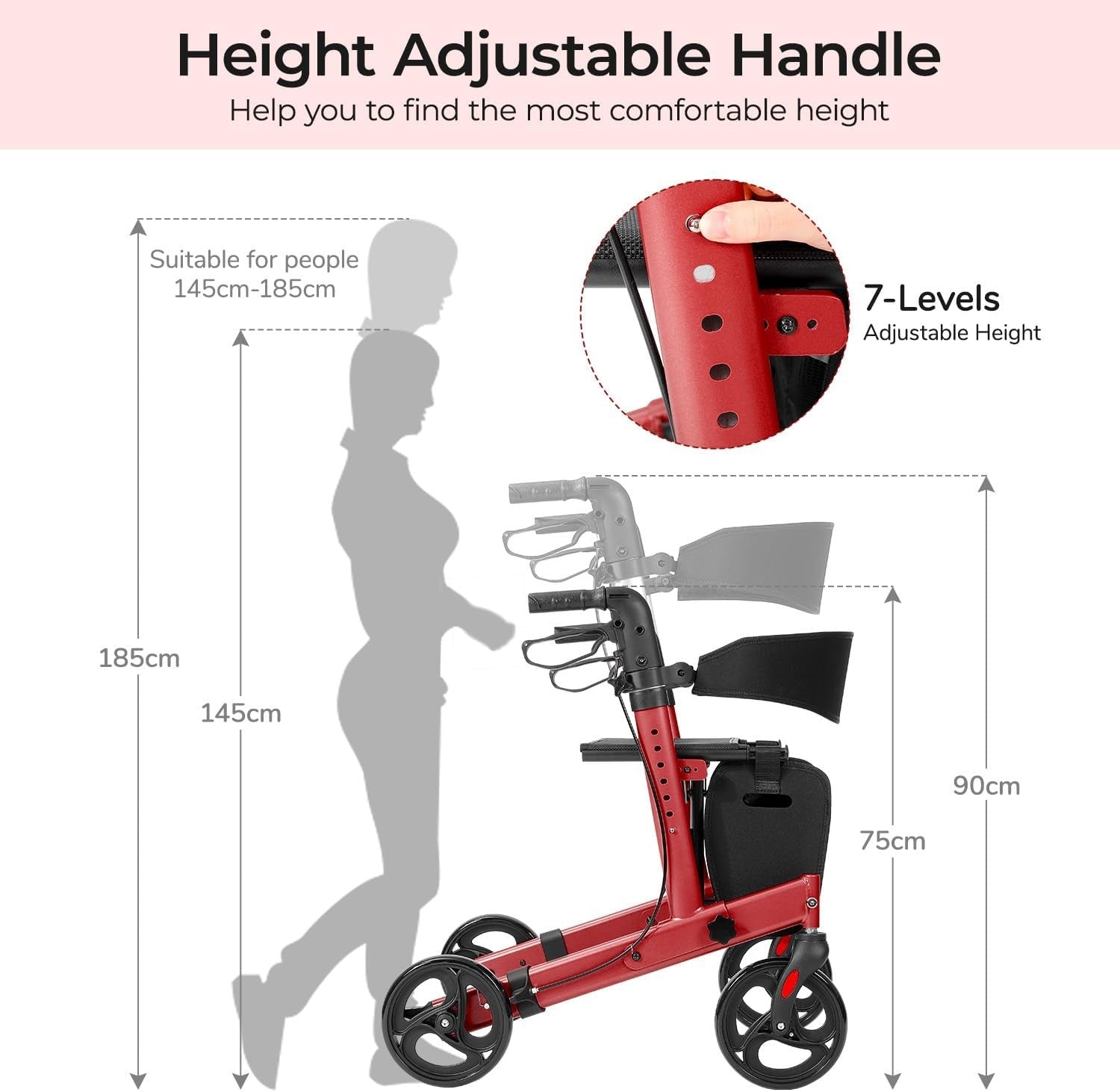 Lightweight Folding Rollator Walker 4 Wheel Seat Bag 300lb Red