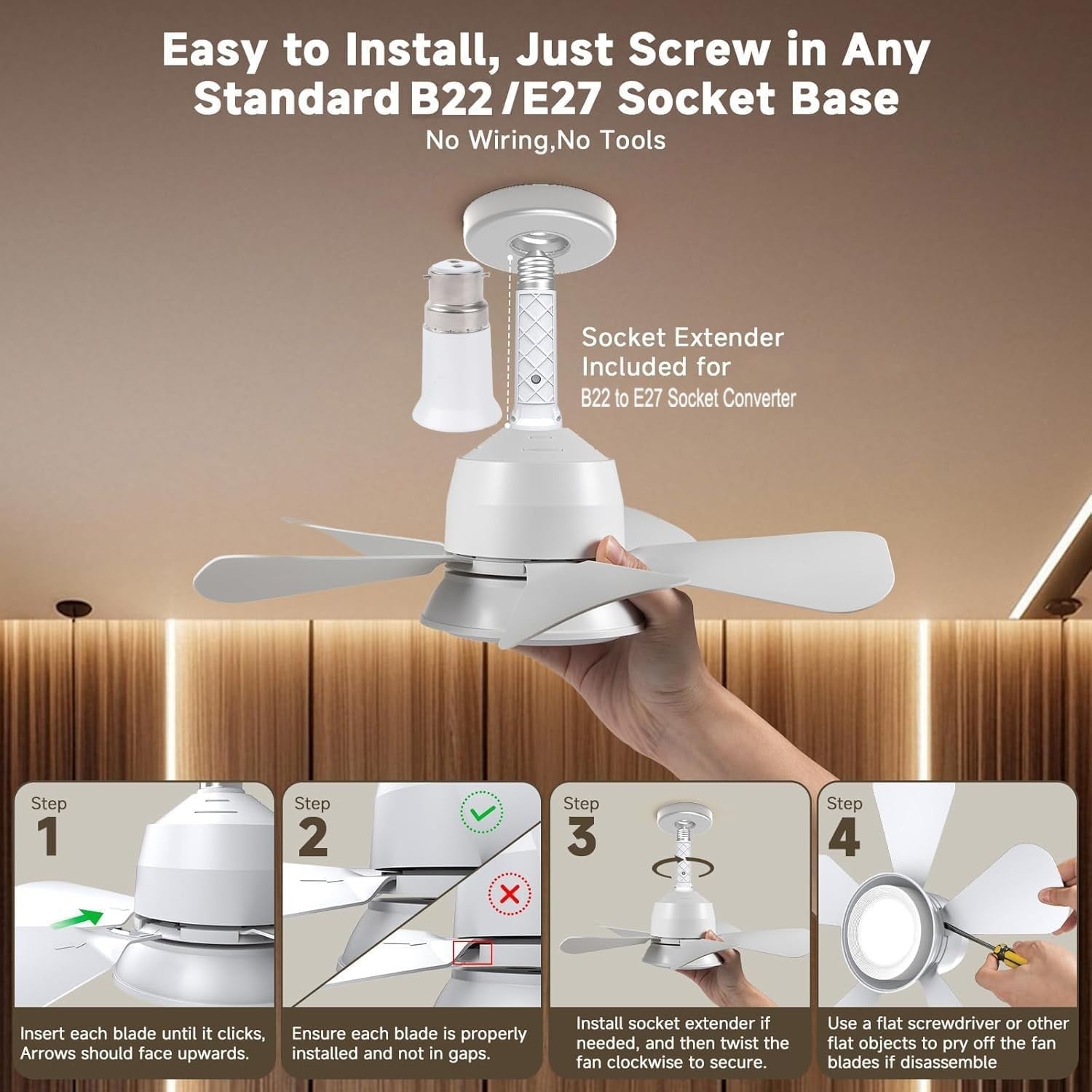 Ceiling Fan LED Light, E27/B22d Base, 3 Speeds, Dimmable, Remote Control