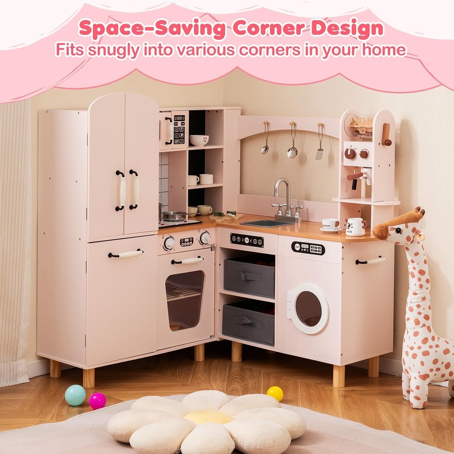 Corner Kids Play Kitchen Pink w/ Fridge Washer Coffee Maker Set