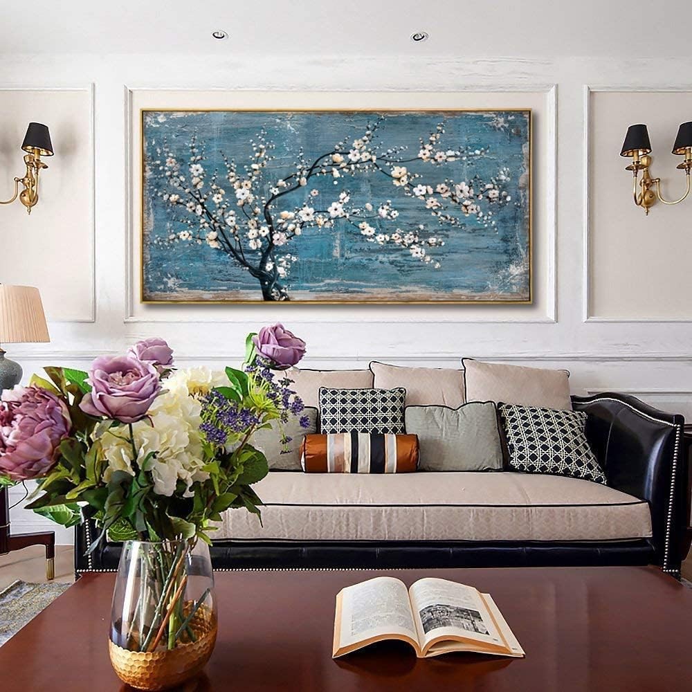 Teal Plum Blossom Abstract Canvas Wall Art – Large Framed 24x48in