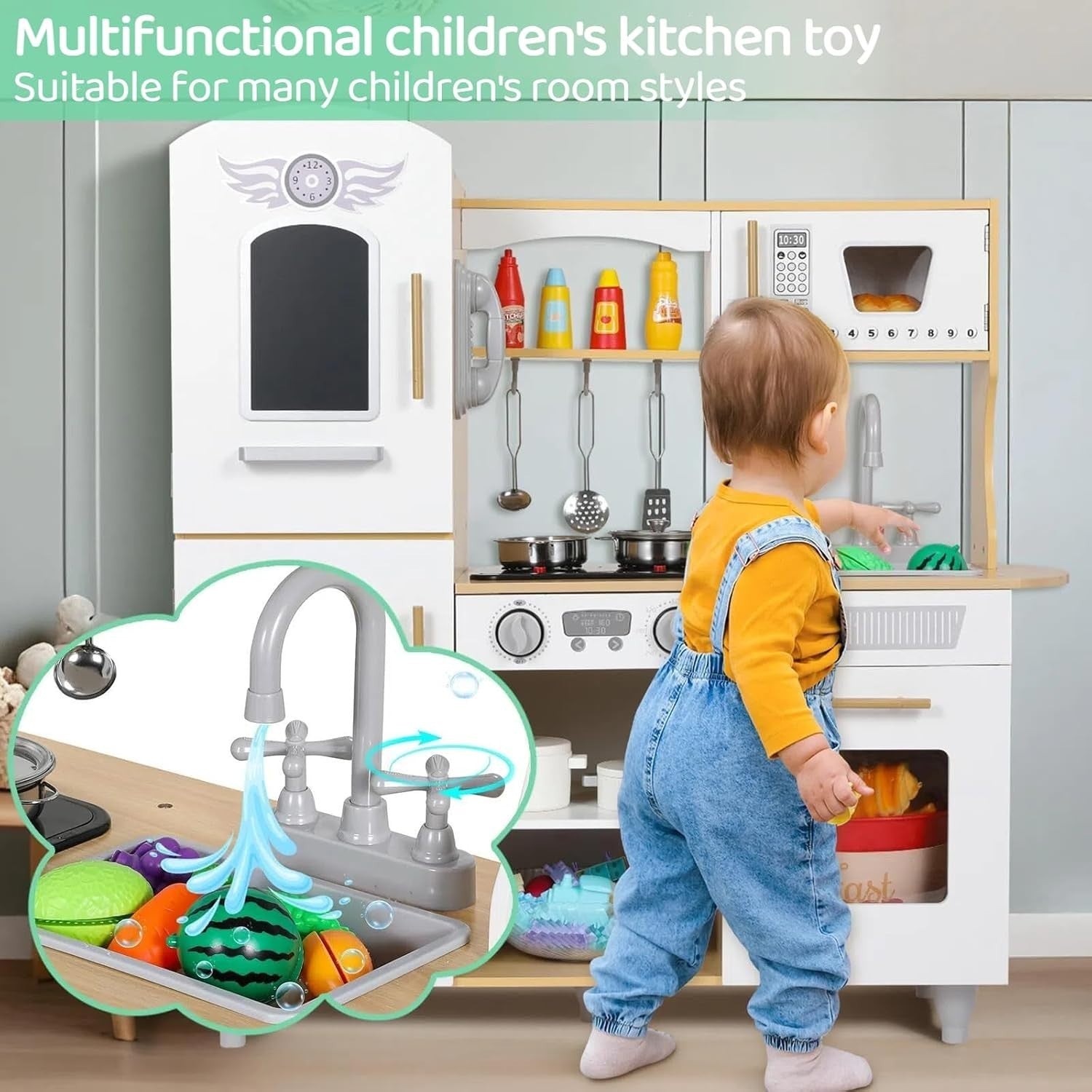 Kids Wooden Play Kitchen w/ Lights Sounds Ice Cream Maker