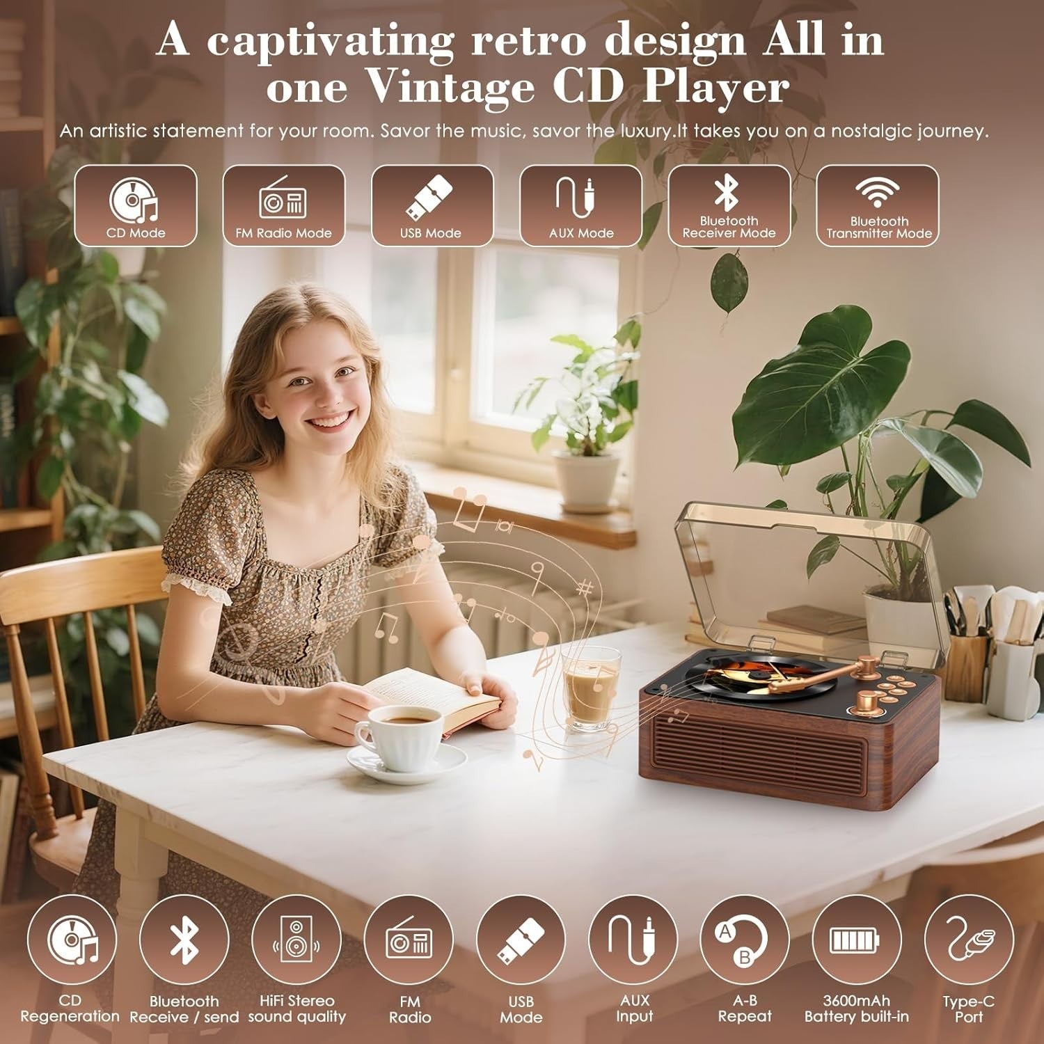 Retro Bluetooth CD Player FM Radio USB AUX HiFi Speakers Walnut