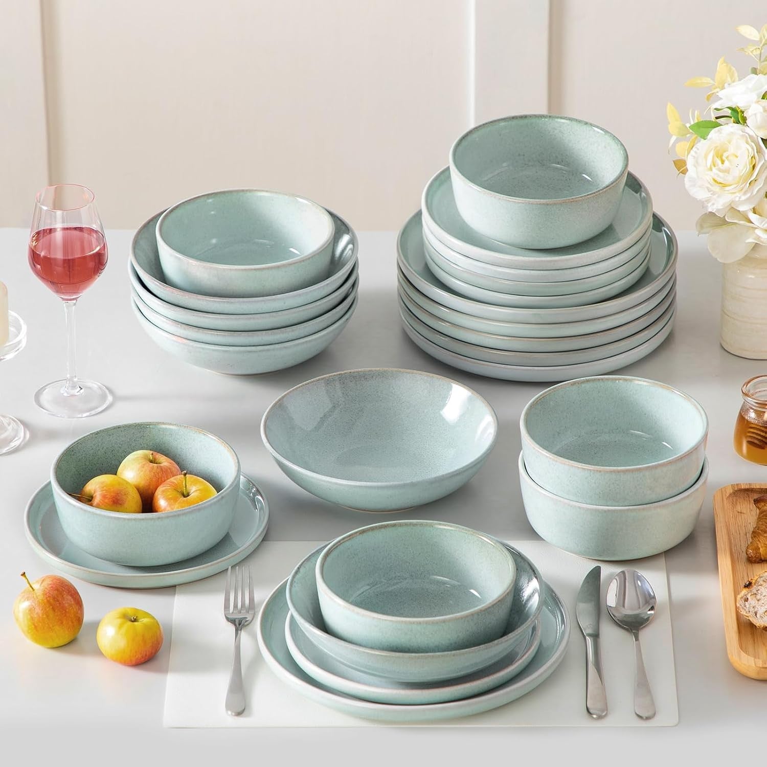 24pc Ceramic Dinner Set Mint Green Plates Bowls Microwave Dishwasher Safe