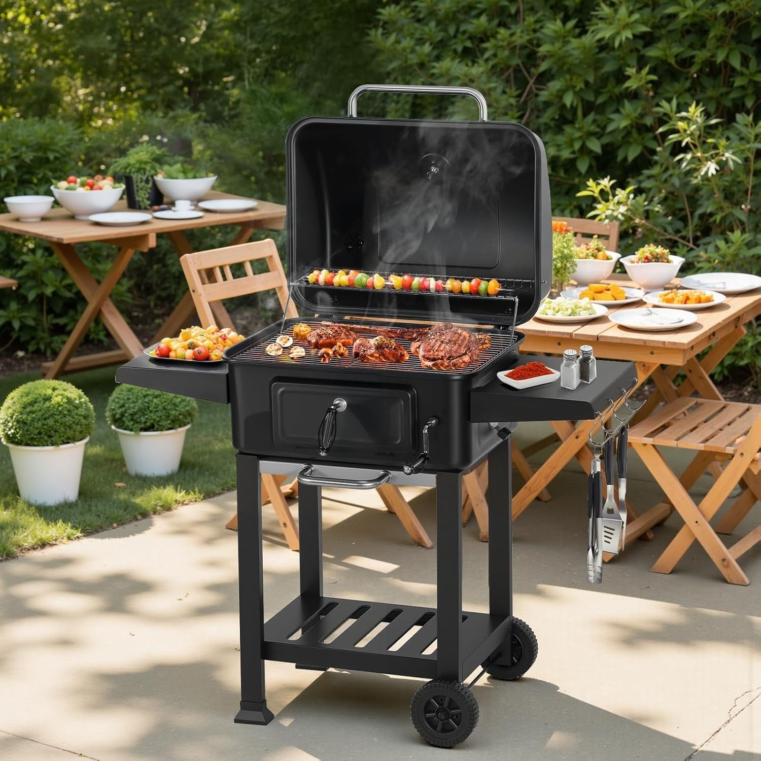 XL Charcoal BBQ Grill | Barrel Drum Smoker with Side Shelf & Warming Rack