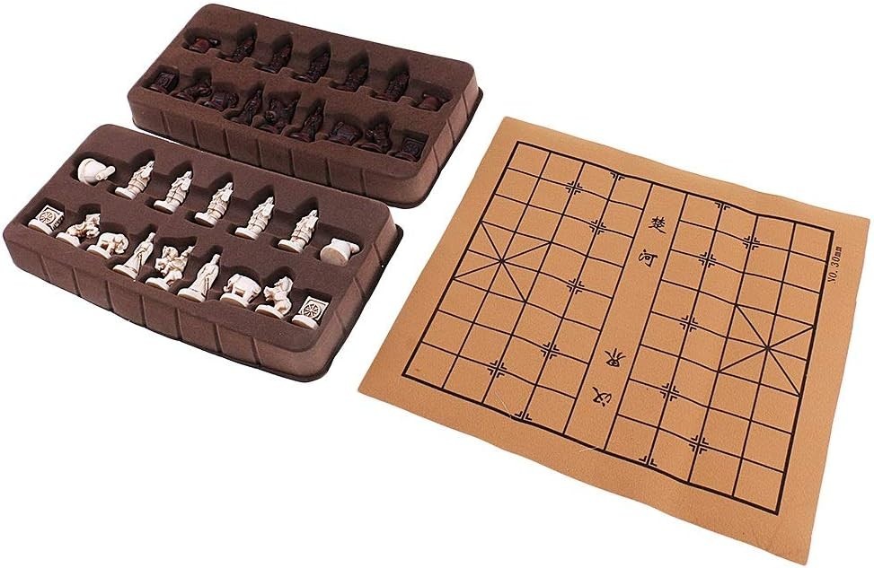 Vintage Xiangqi Folding Leather Chess Set 3D Pieces 32cm