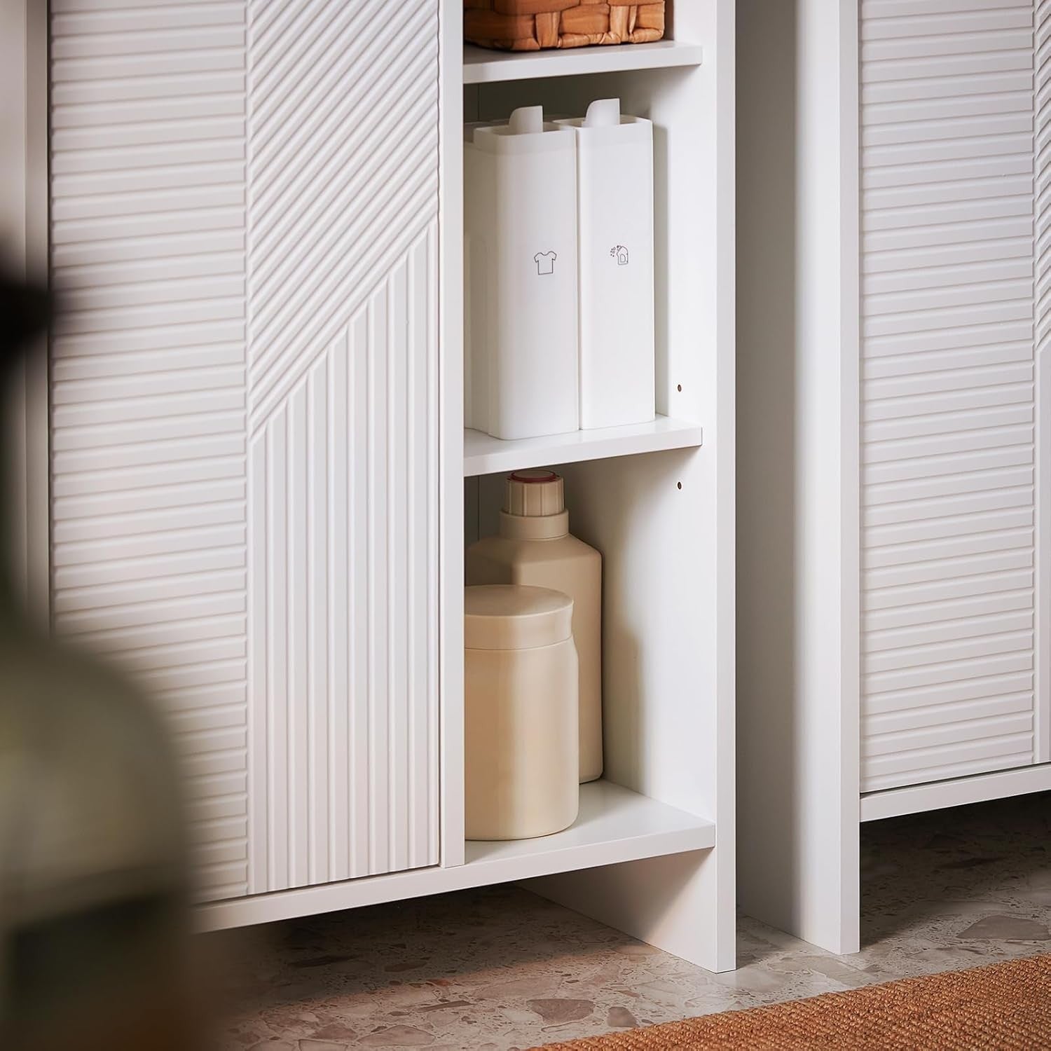 Slim Bathroom Storage Cabinet with Laundry Hamper White Tall Unit 86×50×30cm