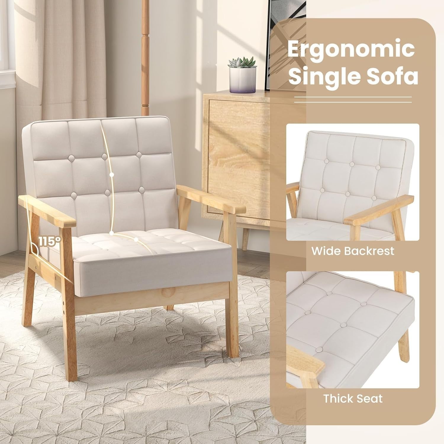 Beige Fabric Armchair Wooden Frame Tufted Lounge Chair Living Room