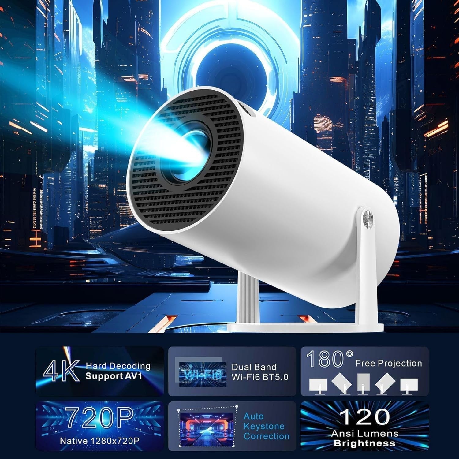 Mini Smart Projector Android TV WiFi 6 Bluetooth 180° Auto Keystone