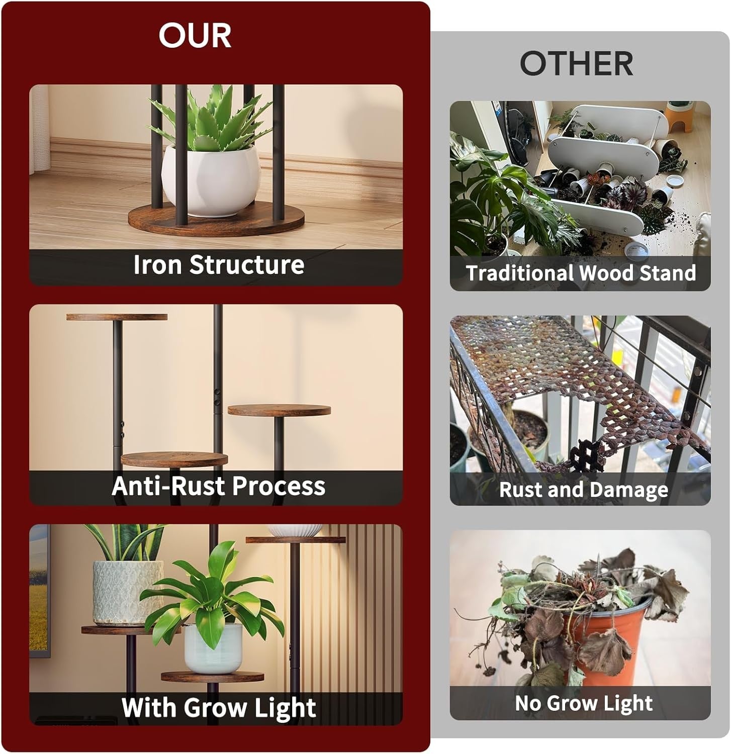 6 Tier Metal Wood Plant Stand with Grow Light Indoor Corner Shelf Rack Brown