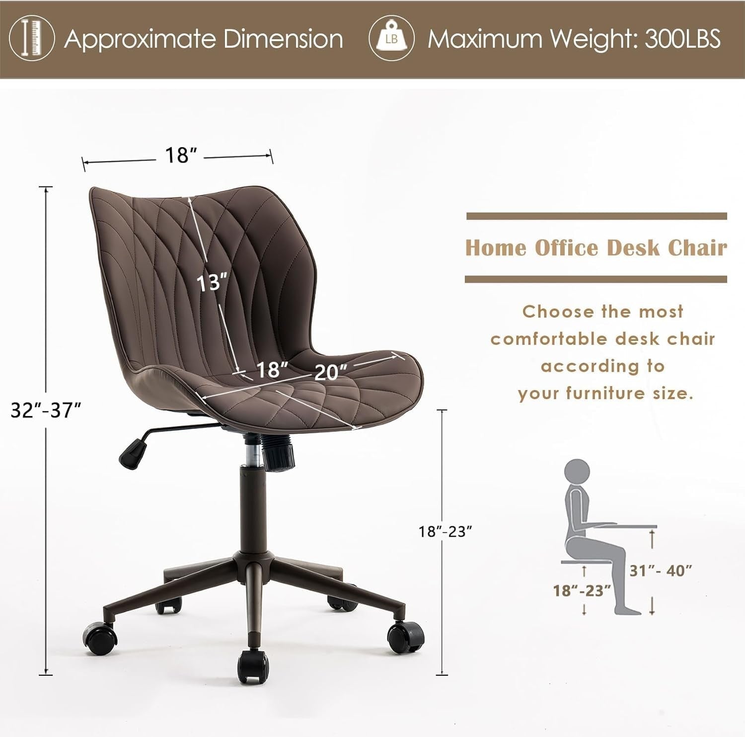 Ergonomic Armless Home Office Desk Chair Swivel Faux Leather Padded Task Study S
