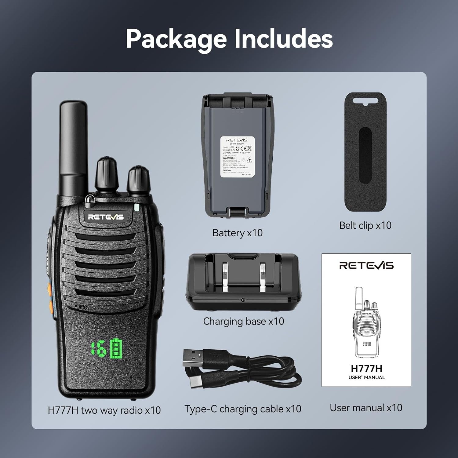 Walkie Talkies 10 Pack with Screen USB-C Rechargeable VOX License Free