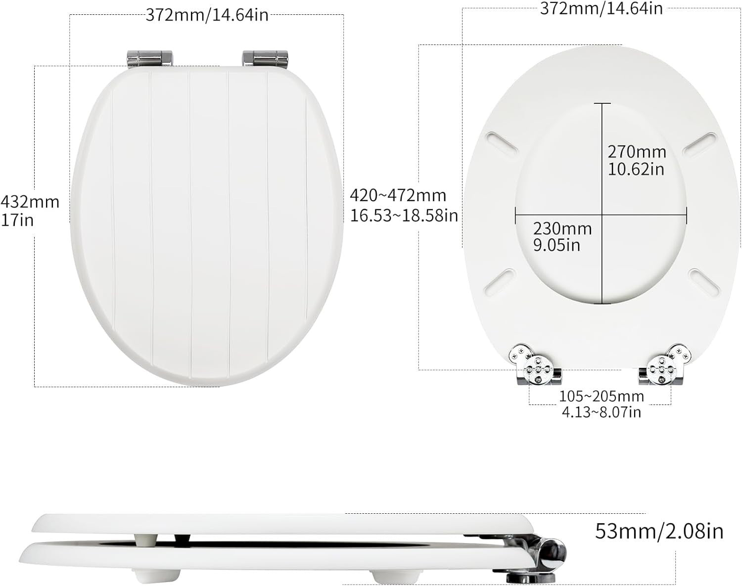 White Wooden Toilet Seat MDF Soft Close Adjustable Hinges 43.5x37.5cm