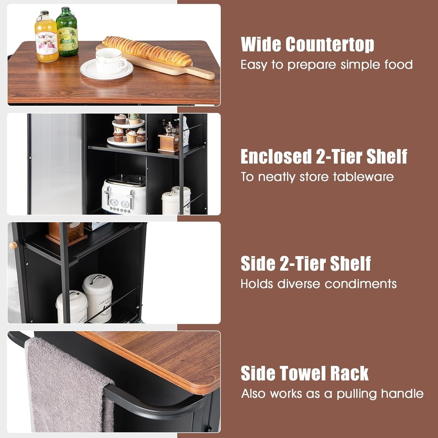 Rolling Kitchen Trolley Cart Wooden Top Cabinet Shelves