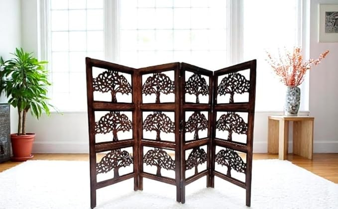 Carved Wood 4 Panel Folding Room Divider – Privacy Screen for Home & Office