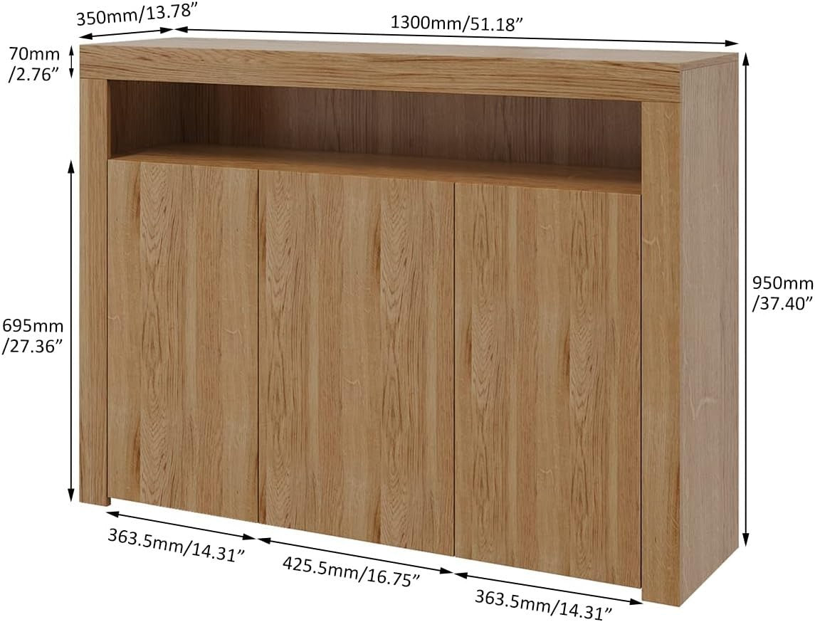 Oak Sideboard Cupboard Unit with 3 Doors, Shelf & LED Light – 130cm Wide